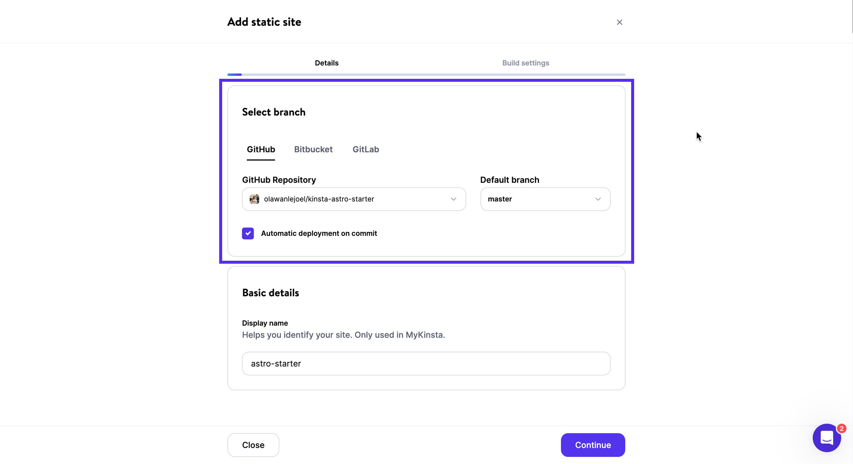 Set Application in Kinsta Static Site Hosting